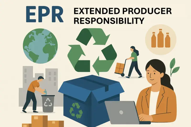 Digital illustration of Extended Producer Responsibility featuring recycling, packaging waste, and peer-to-peer ecommerce logistics with sustainability icons.