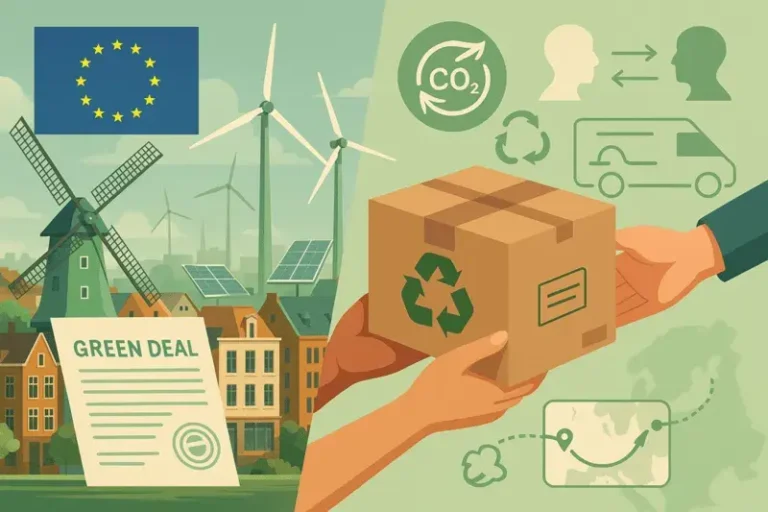 Split-screen hero image showing European sustainability goals and direct customer-to-customer ecommerce returns to support climate neutrality.
