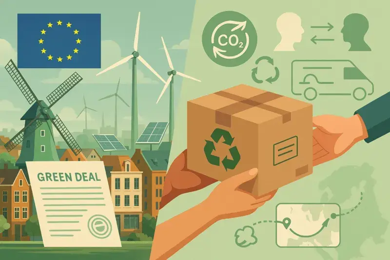 Split-screen hero image showing European sustainability goals and direct customer-to-customer ecommerce returns to support climate neutrality.