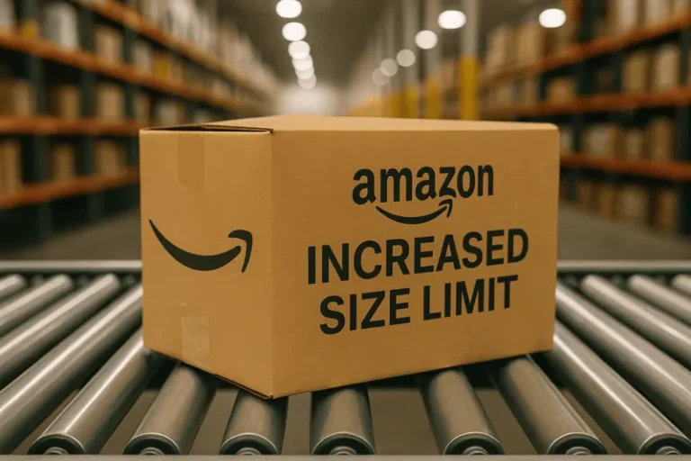 Worker sealing an oversized Amazon box labeled 36" at a warehouse packing station.