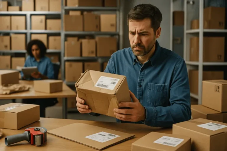 Warehouse employee examining a damaged box, illustrating common in-house shipping mistakes and fulfillment issues.