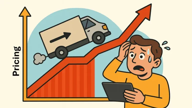 Colorful 2D illustration of a delivery truck climbing a steep pricing graph as an ecommerce brand operator watches nervously with a tablet.