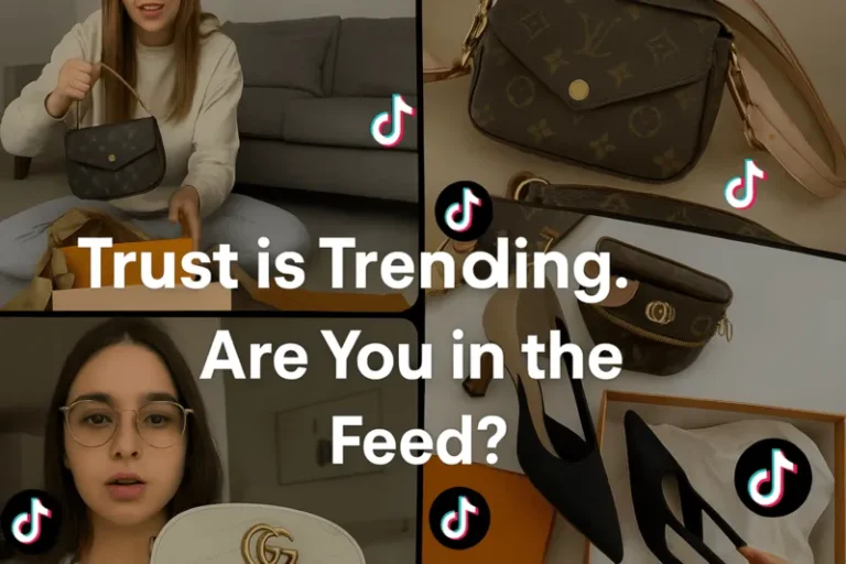 Digital collage of TikTok video thumbnails featuring luxury fashion items like bags and shoes, with overlay text: Trust is Trending. Are You in the Feed?