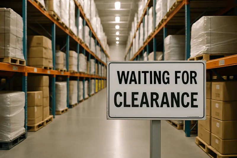 Warehouse aisle stacked with unsold inventory pallets representing tariff-driven stockpiling risks.