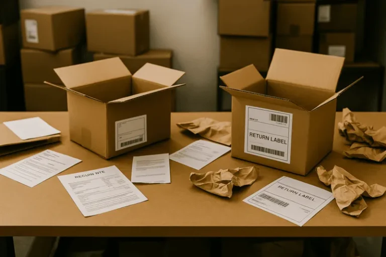 A cluttered ecommerce returns processing area with opened boxes, scattered packing slips, and disorganized return labels, representing poor returns management.