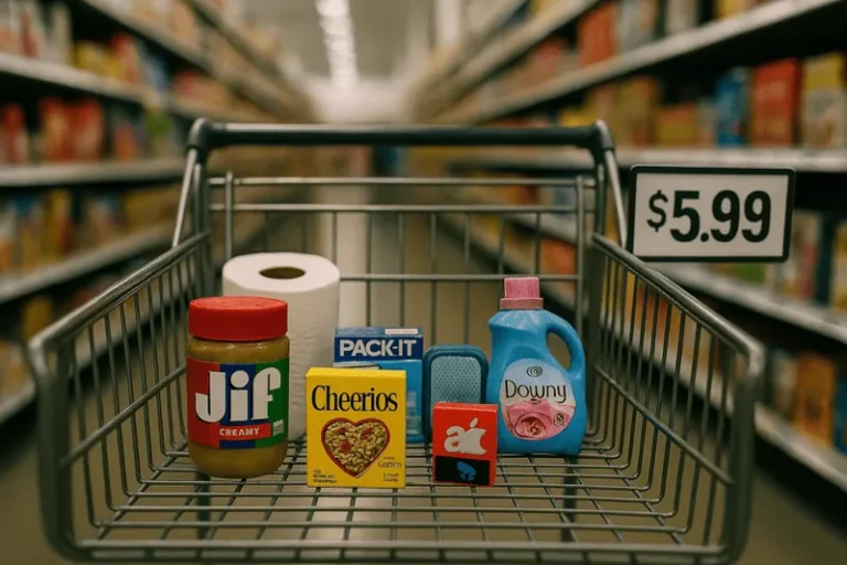 A grocery shopping cart filled with visibly smaller-sized products like cereal boxes and snack bags, symbolizing the effects of shrinkflation on retail shelves.