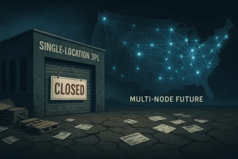 Deserted single-location logistics center with closed sign contrasted by a connected warehouse network across North America