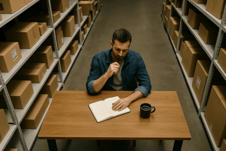 Overhead view of an ecommerce owner in a warehouse surrounded by half-filled shelves, planning strategy during a business slowdown.