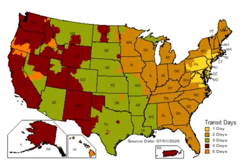 UPS Ground Map Depicting Transit Days From a Single East Coast Location