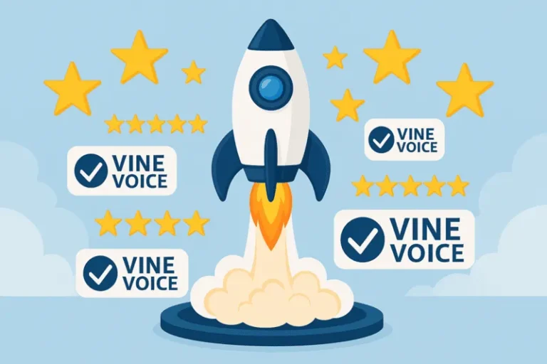 Illustration of a product launchpad surrounded by five-star reviews and Amazon Vine Voice badges for pre-launch marketing.