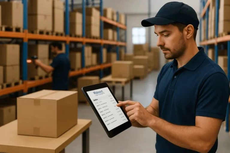 Warehouse worker using a tablet to pick and pack Walmart Marketplace orders with real-time inventory tracking.