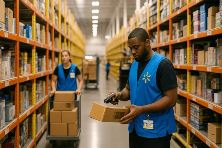 Walmart employees in a fulfillment center scanning packages and managing ecommerce inventory between warehouse shelves