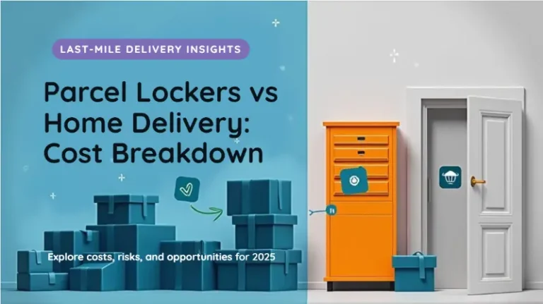 Illustration of parcel lockers next to a home delivery door, comparing last-mile delivery costs for ecommerce logistics in 2025.