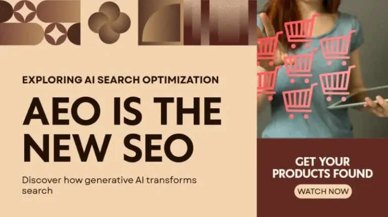 Banner reading AEO Is the New SEO with ecommerce shopping cart icons, highlighting AI search optimization for ecommerce retailers.