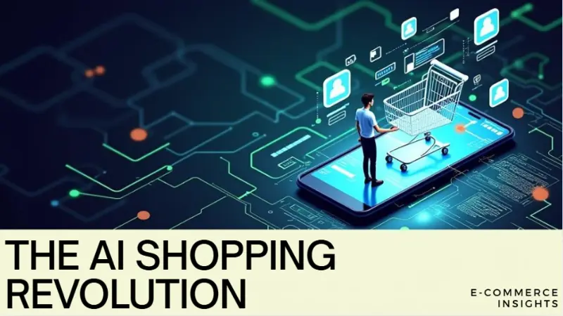 Digital artwork of a shopping cart on a phone screen representing AI in ecommerce