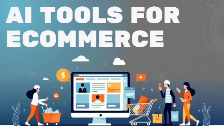 Illustration of ecommerce platform with shoppers and AI tools for online stores