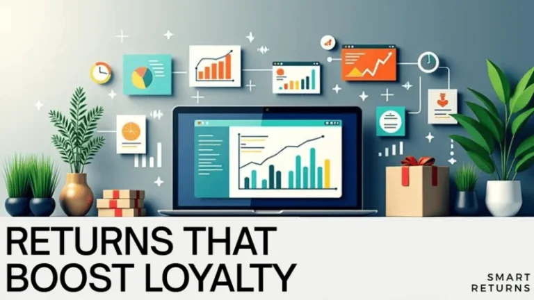 Laptop with charts and graphs showing ecommerce returns data, titled Returns That Boost Loyalty.