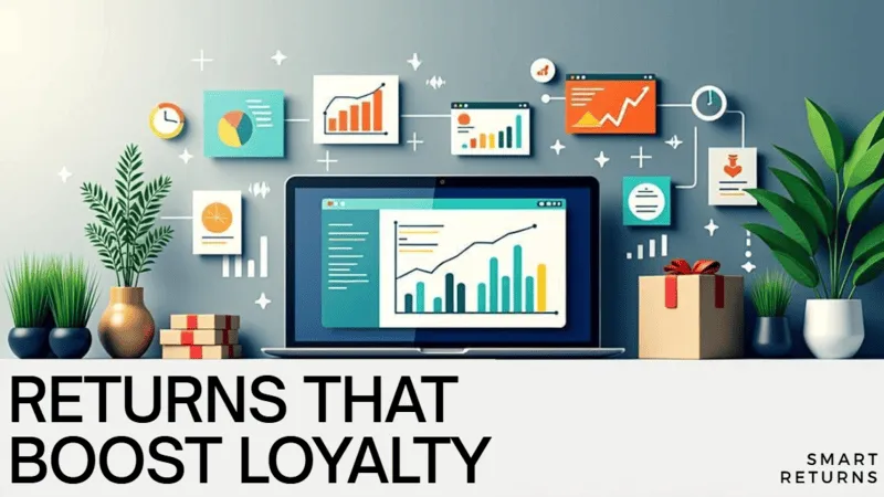 Laptop with charts and graphs showing ecommerce returns data, titled Returns That Boost Loyalty.