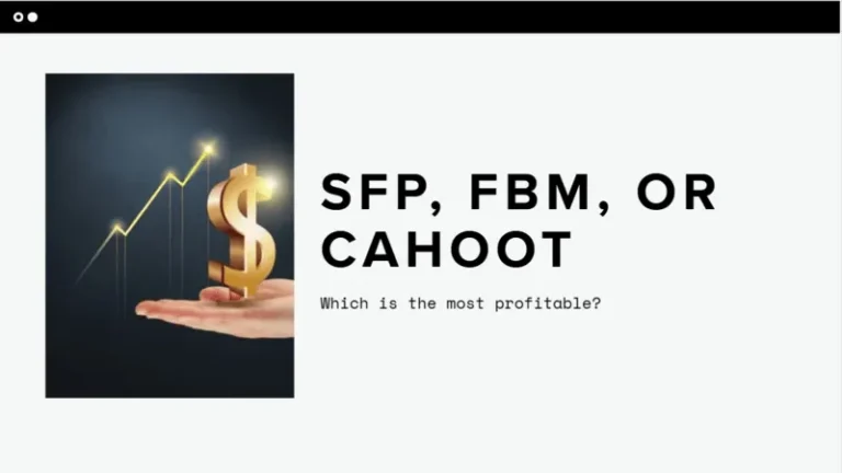 Minimal graphic with growth arrow and dollar icon highlighting costs and margins for Amazon Seller Fulfilled Prime, FBM, and Cahoot multi-node fulfillment.