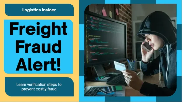 Hacker using stolen credentials on computer while freight fraud alert headline highlights logistics risks.