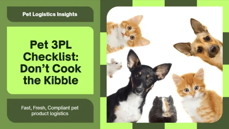 Assorted pets on a green background representing a pet 3PL checklist focused on careful handling, storage requirements, and on-time shipping for pet supplies.