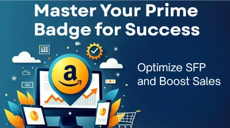 Prime badge optimization concept with computer dashboard, shopping cart, and upward sales trend line.