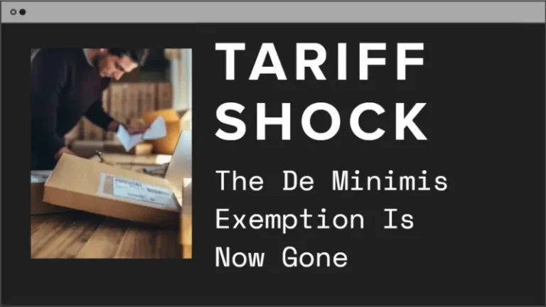 Small business owner checking shipping labels on packages at a desk, highlighting the impact of new tariffs and the end of the U.S. de minimis exemption.