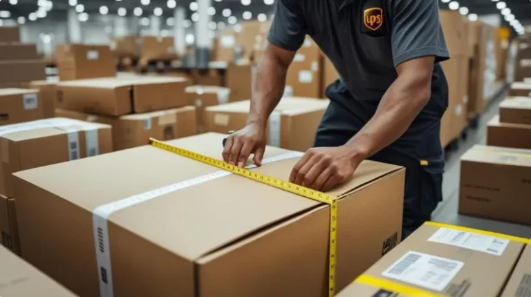 UPS worker measuring large parcel to calculate dimensional weight charges under the new UPS dim weight policy update effective August 2025.