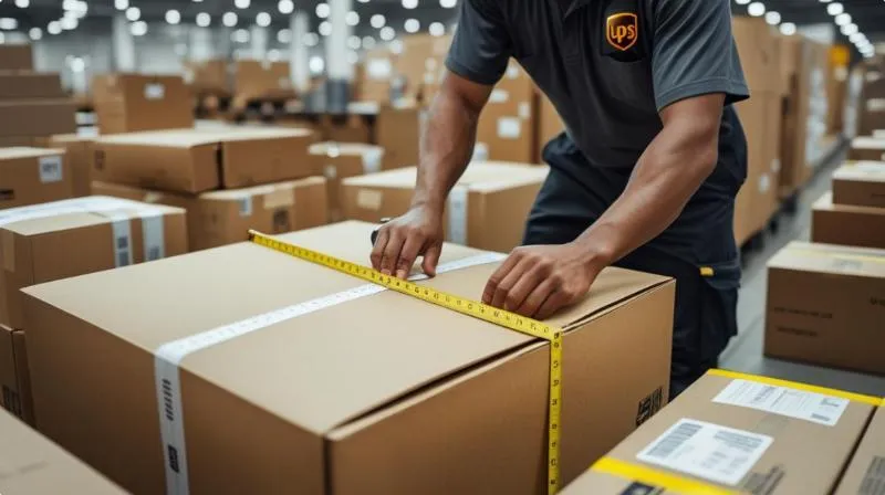 UPS worker measuring large parcel to calculate dimensional weight charges under the new UPS dim weight policy update effective August 2025.