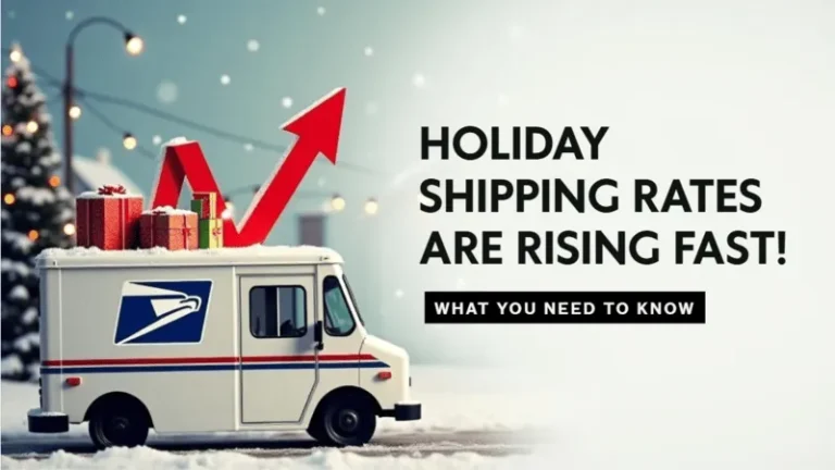Holiday shipping concept with USPS mail carrier vehicle and seasonal decorations in winter setting