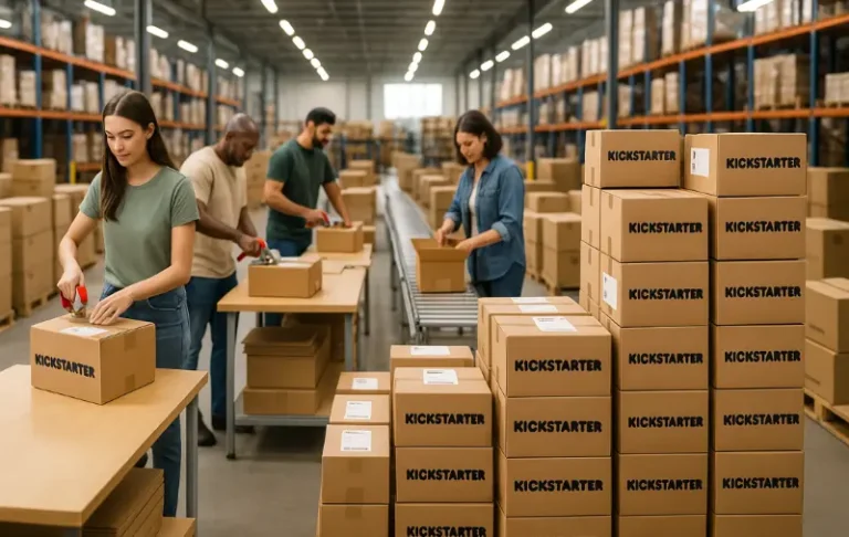 Fulfillment center team members seal Kickstarter boxes, surrounded by organized stacks of packages ready for shipment.