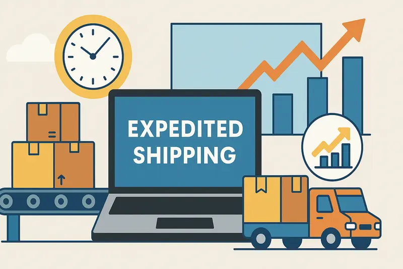 Illustration of expedited shipping showing conveyor, parcels, laptop, and growth charts to represent fast, tech-driven delivery.