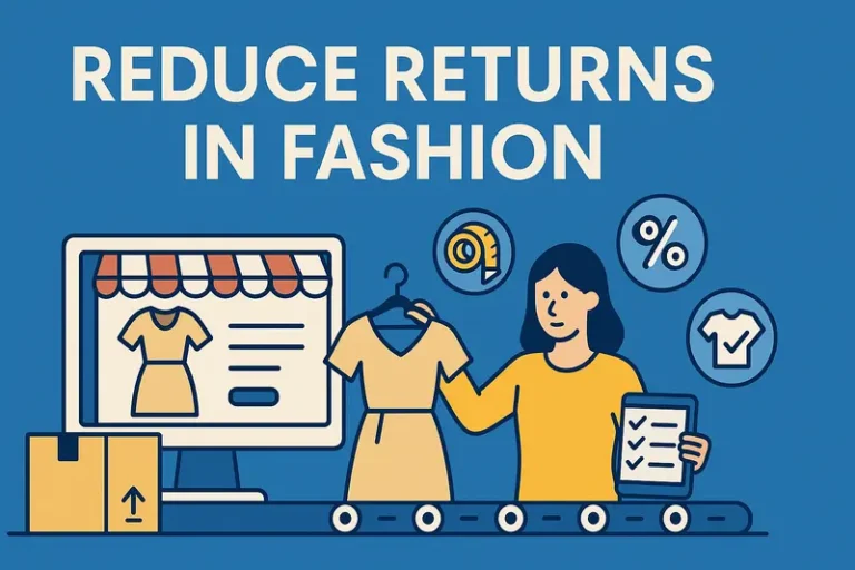 Illustration of fashion ecommerce returns reduction showing clothing, online shopping screen, and strategies like sizing and discounts.