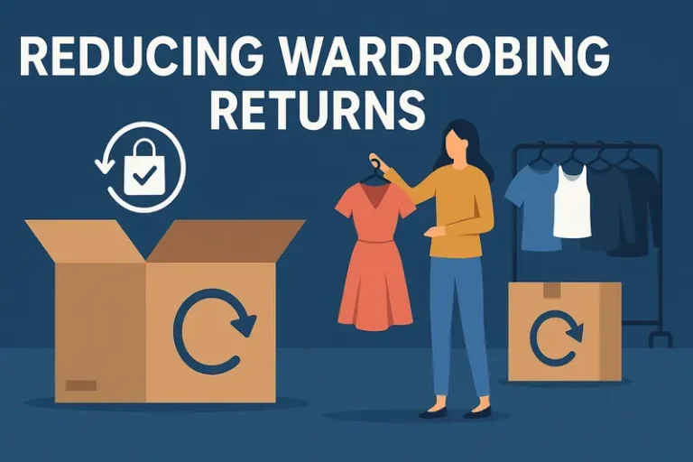 Digital illustration showing ecommerce returns prevention, with a fashion store theme: a clothing rack, boxes, and return icons, emphasizing wardrobing reduction.