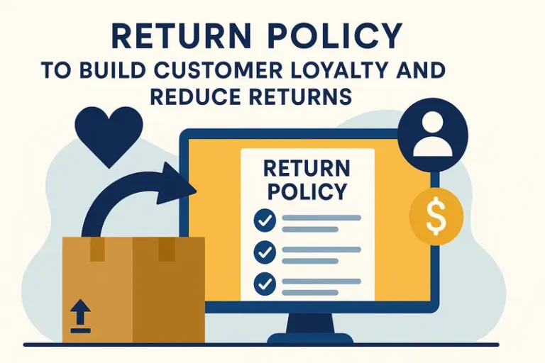 Illustration of a return policy on a computer screen with a box, heart, and dollar symbol showing customer loyalty and reduced returns.