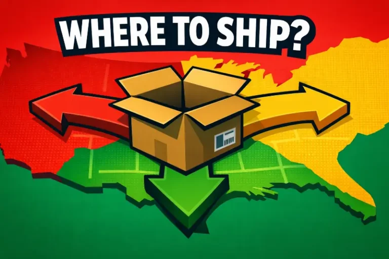 An ecommerce order routing system with multiple warehouses and shipping routes to customers