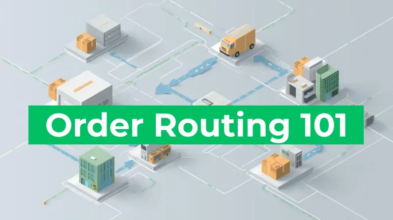 Illustration of an ecommerce order routing system with multiple warehouses and shipping routes to customers