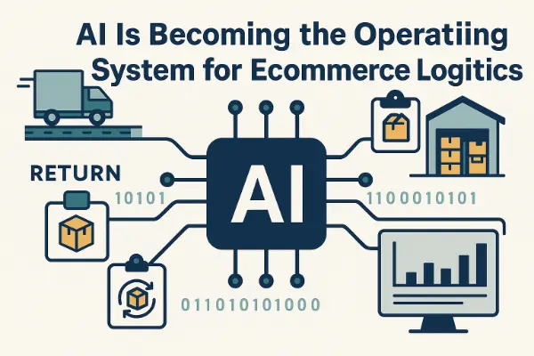 Flat vector illustration showing AI-powered ecommerce logistics optimization with automated shipping routes, fulfillment nodes, and data-driven profit insights.