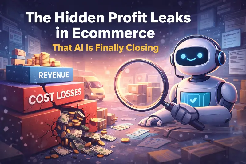 Illustration of an AI system inspecting hidden profit leaks in ecommerce, highlighting cost losses from shipping, fees, and operational inefficiencies.