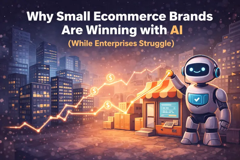 Illustration showing a small ecommerce store powered by AI outperforming larger enterprise buildings, representing how small brands gain a competitive advantage with AI.