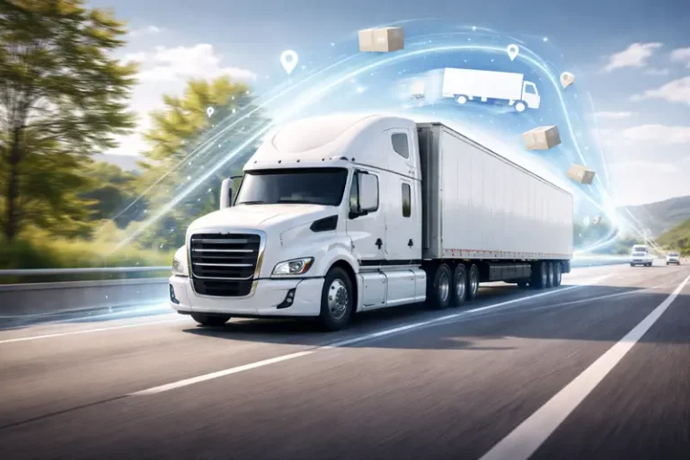 A full truckload shipment in transit on a highway, representing ecommerce FTL delivery operations