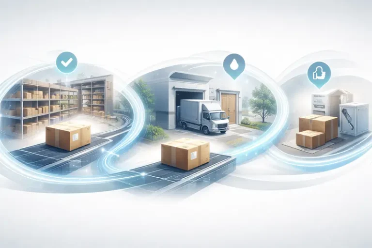 Ecommerce order moving through shipping, delivery, and returns stages after checkout