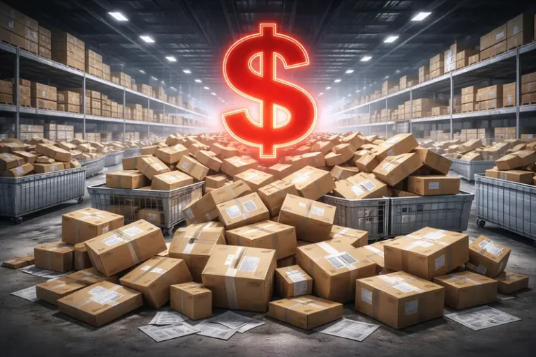 Stack of ecommerce return packages on warehouse floor symbolizing operational burden