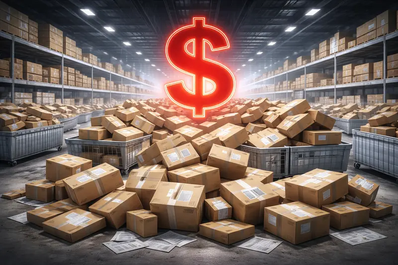 Stack of ecommerce return packages on warehouse floor symbolizing operational burden