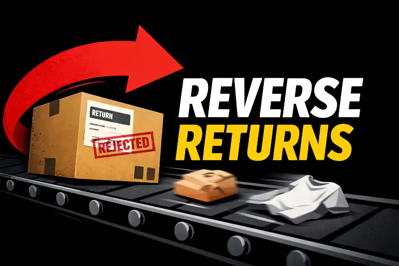 Reverse logistics representation for ecommerce returns, showing packaging moving.