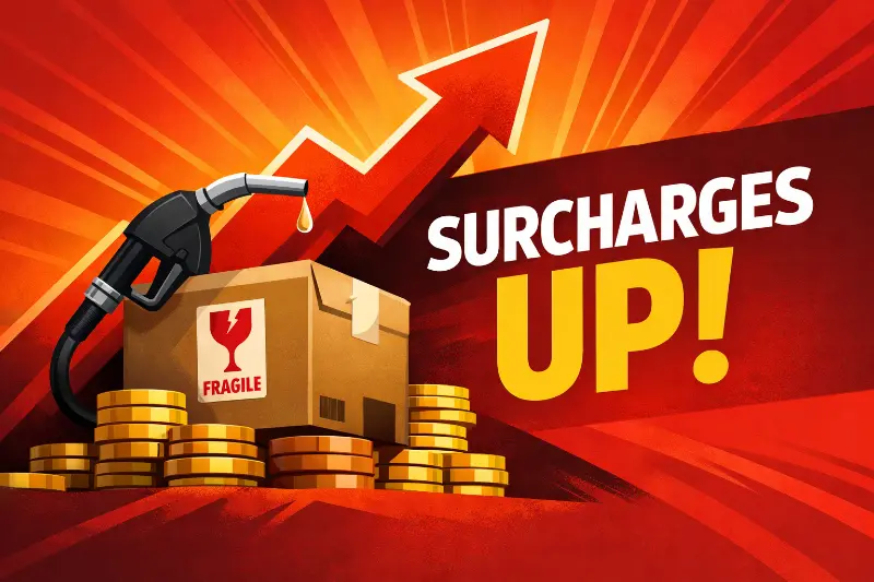 Illustration of a shipping box surrounded by coins with a fuel nozzle dripping onto it and an upward arrow, symbolizing rising carrier surcharges increasing ecommerce shipping costs and eroding profit margins.