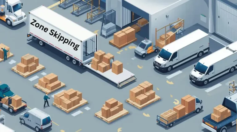 Packages being transferred from a freight truck to regional delivery vans at a distribution center