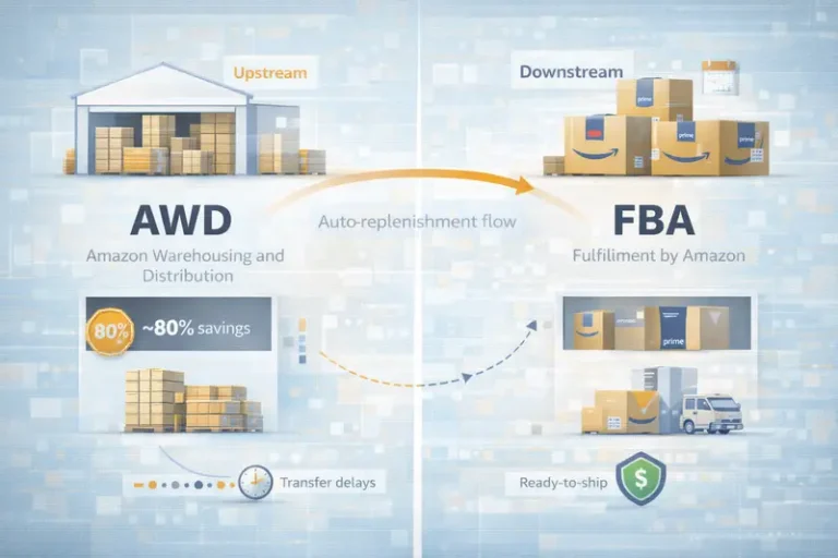 Diagram comparing Amazon AWD upstream bulk storage and FBA downstream fulfillment showing auto-replenishment flow and cost differences