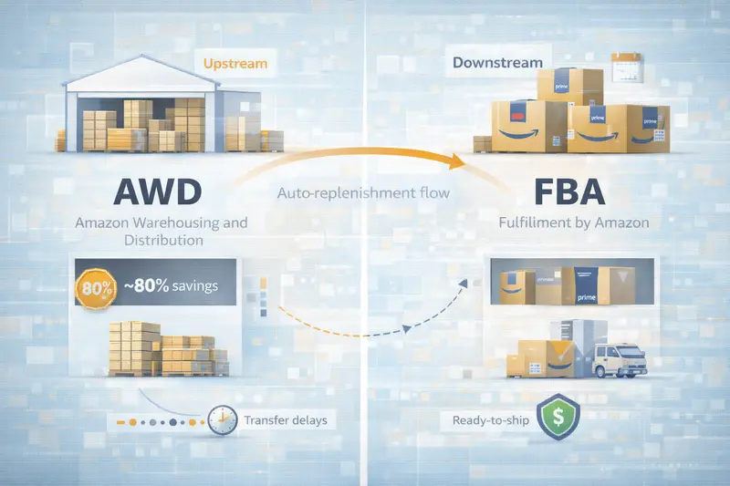 Diagram comparing Amazon AWD upstream bulk storage and FBA downstream fulfillment showing auto-replenishment flow and cost differences