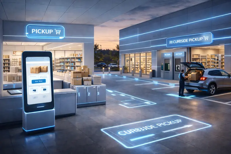 Modern retail store interior with curbside pickup lanes and back-of-house fulfillment operations